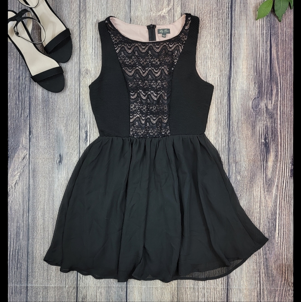 Lily Rose Pink and Black Lace Inset Fit and Flare Dress